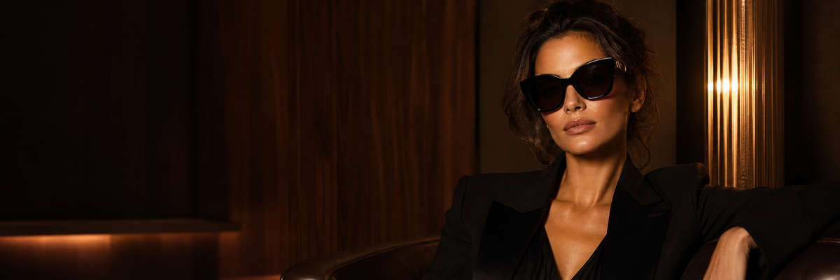 Banner editorial da coleção Tom Ford com modelo usando óculos