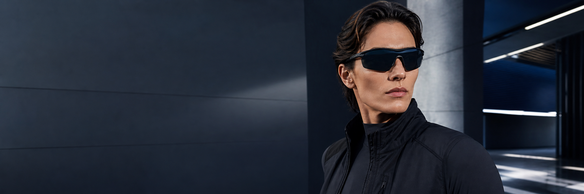 Banner editorial da coleção Jaguar com modelo usando óculos