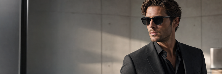 Banner editorial da coleção EMPORIO ARMANI com modelo usando óculos