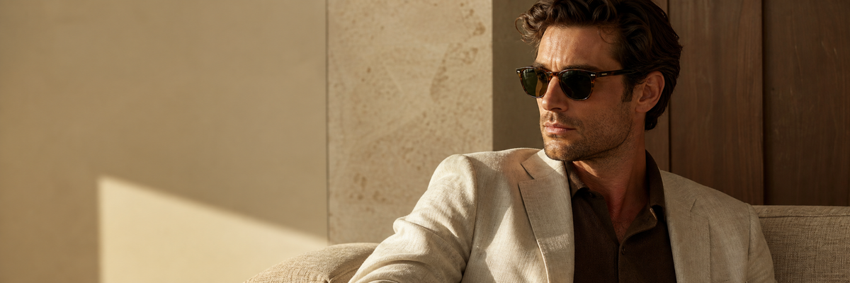 Banner editorial da coleção PERSOL com modelo usando óculos