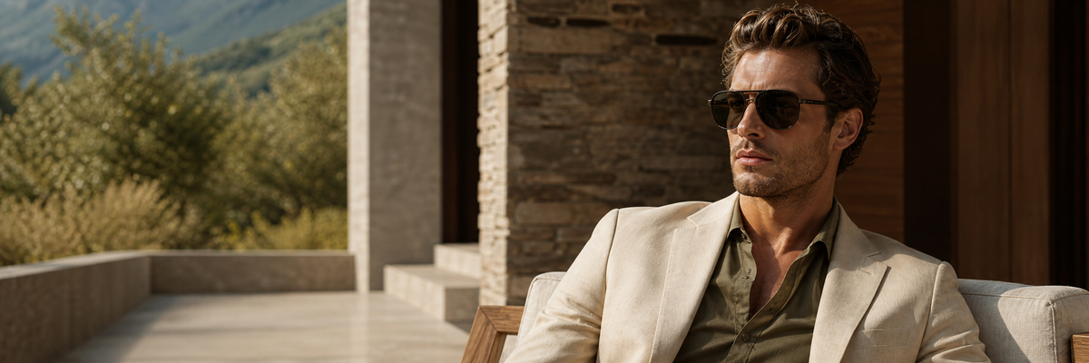 Banner editorial da coleção Zegna com modelo usando óculos