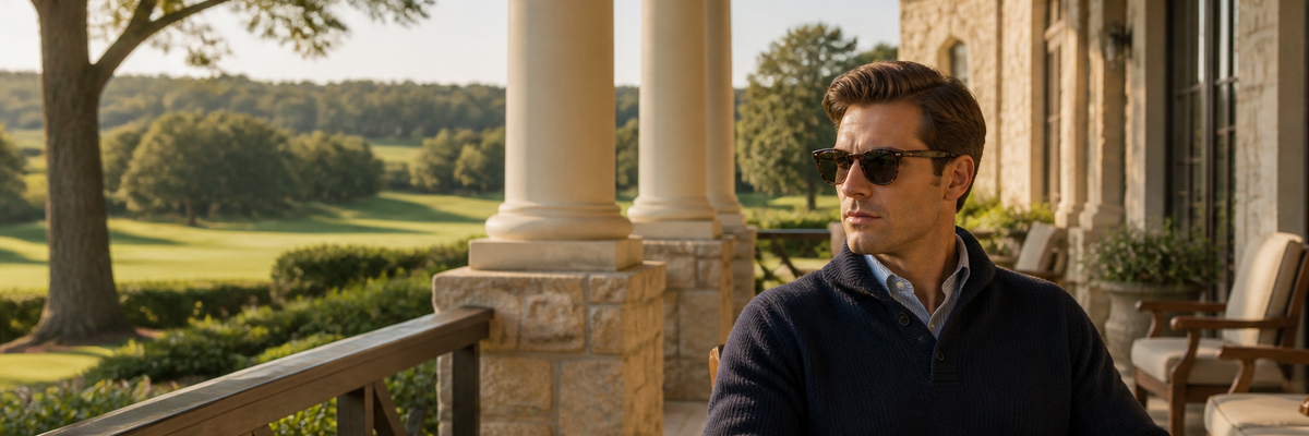 Coleção Polo Ralph Lauren com modelo e cenário clássico em imagem panorâmica