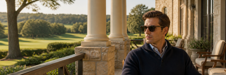 Coleção Polo Ralph Lauren com modelo e cenário clássico em imagem panorâmica