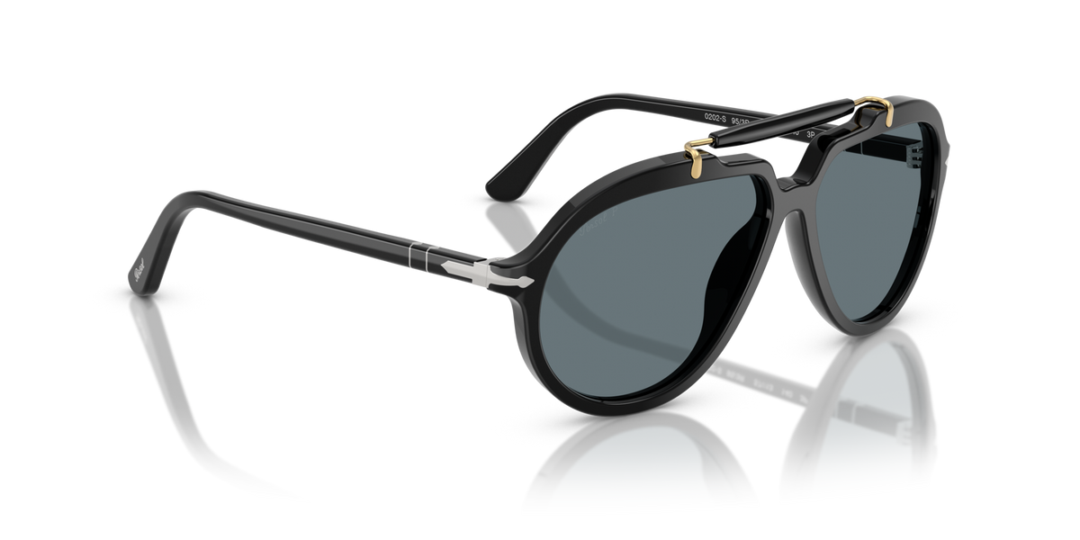 Óculos de Sol Persol Senna 0202S Preto com Lentes Azul-Escuro — vista 3