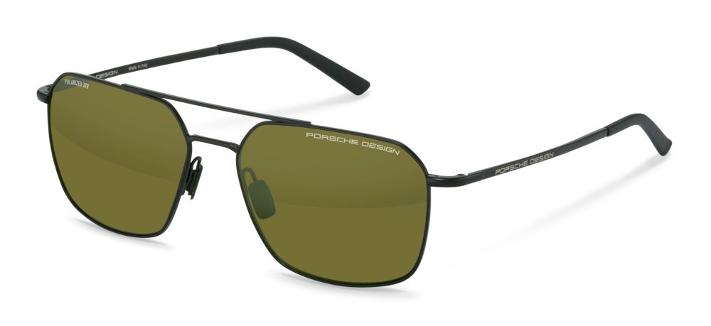 Porsche Design P8970 59A427 preto, lentes verdes espelhadas, vista 3/4
